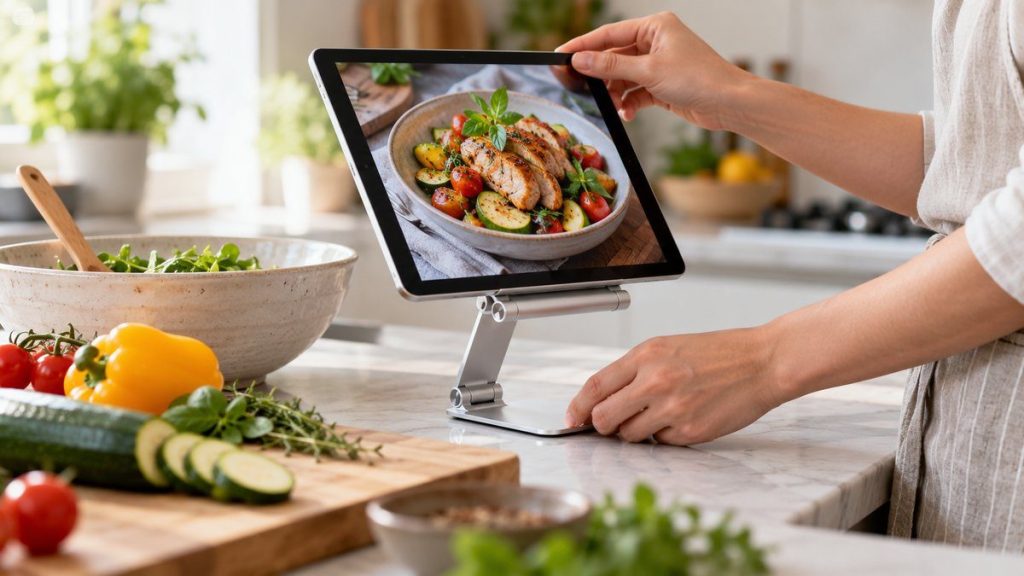 Support tablette cuisine en situation, en gros plan