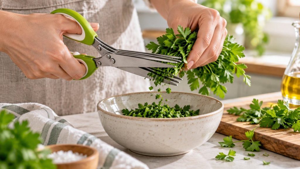 Ciseaux à herbes en situation, en gros plan