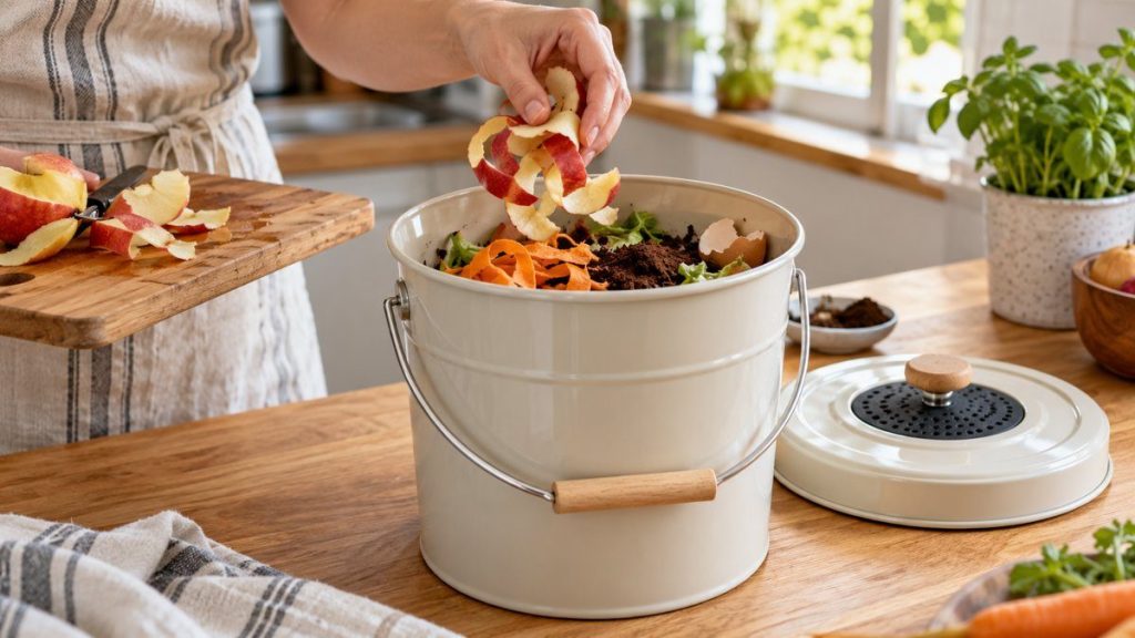Composteur de cuisine en situation, en gros plan