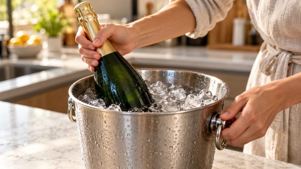 Seau à champagne en situation, en gros plan