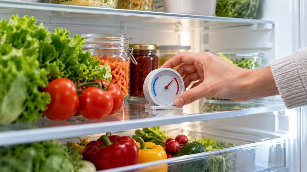 Thermomètre réfrigérateur en situation, en gros plan