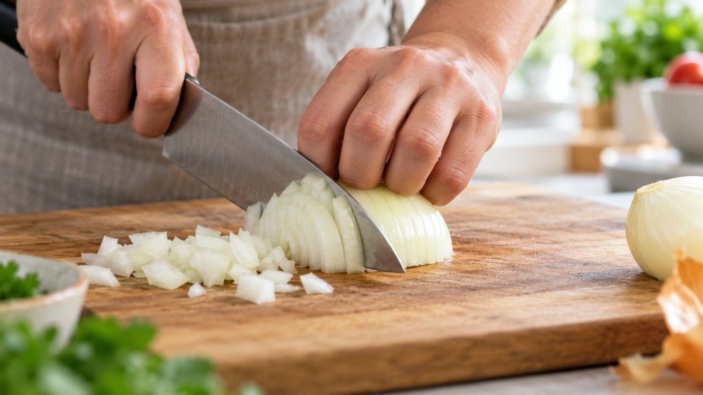 Couper un oignon en dés en situation, en gros plan