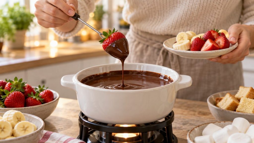 Appareil à fondue au chocolat en situation, en gros plan