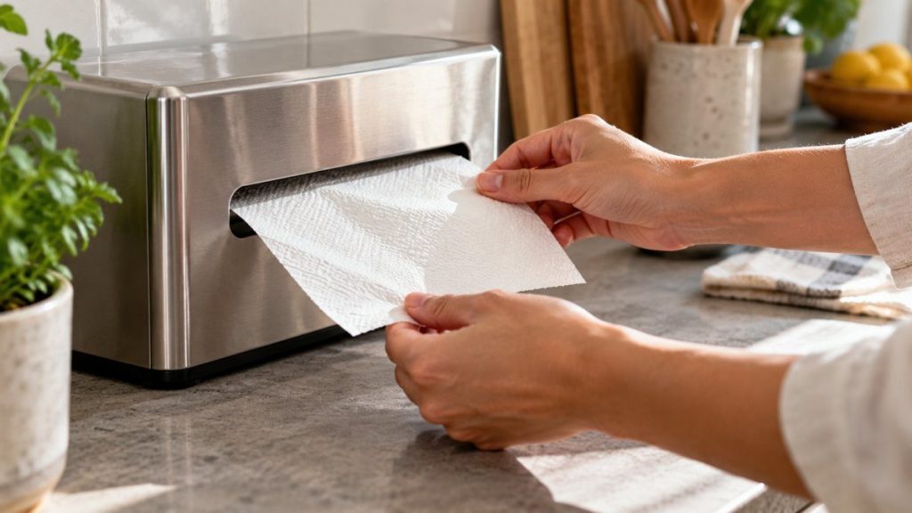 Distributeur de serviettes en papier en situation, en gros plan