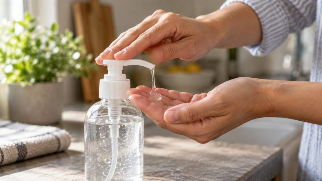 Distributeur de gel hydroalcoolique en situation, en gros plan