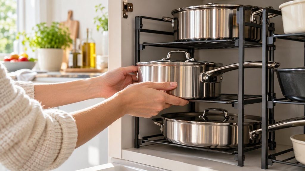 Porte casseroles en situation, en gros plan