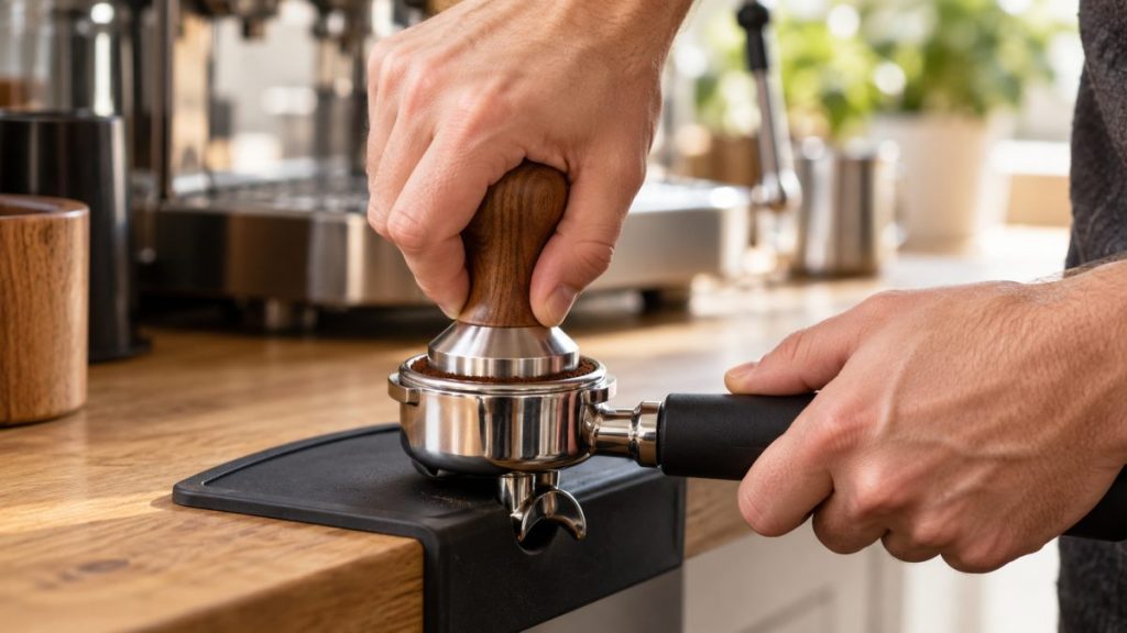 Tasseur à café en situation, en gros plan