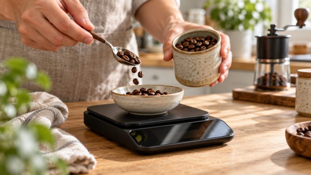 Balance à café en situation, en gros plan