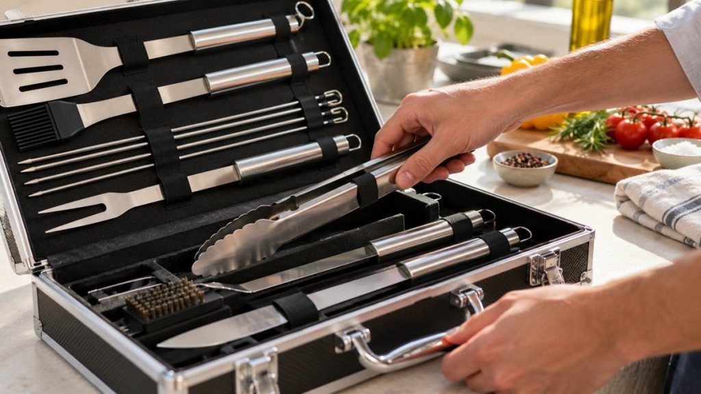 Mallette barbecue en situation, en gros plan