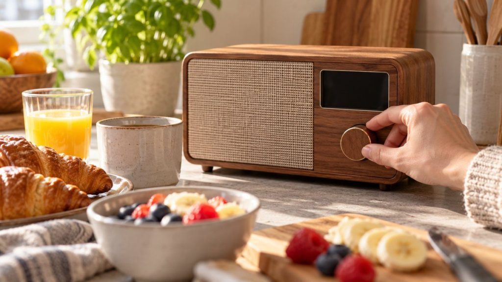 Radio de cuisine en situation, en gros plan