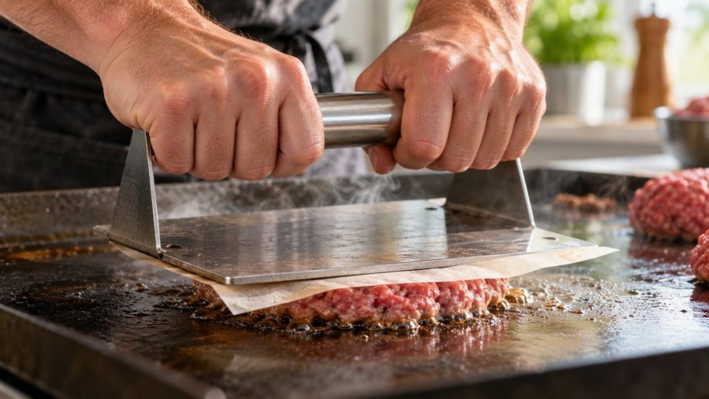 Spatule smash burger en situation, en gros plan