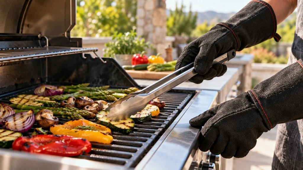 Gants barbecue en situation, en gros plan