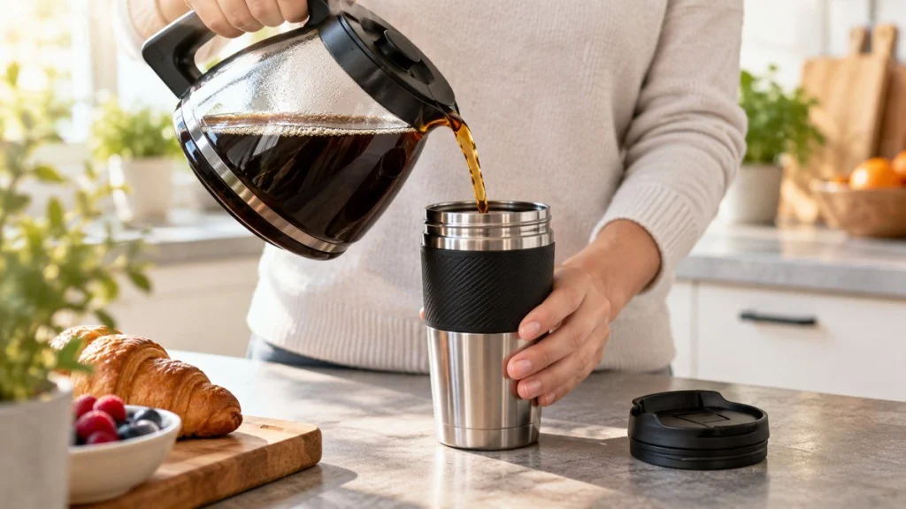 Mug de voyage isotherme en situation, en gros plan
