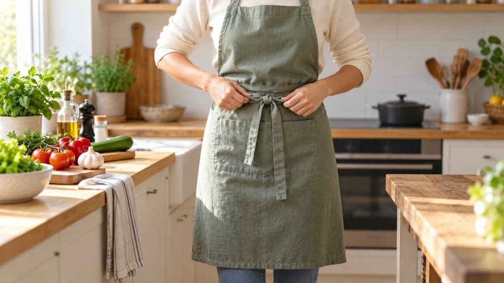 Tablier de cuisine en situation, en gros plan