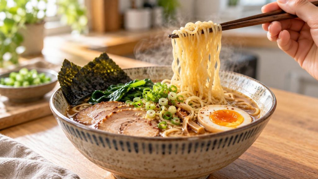Bol à ramen en situation, en gros plan