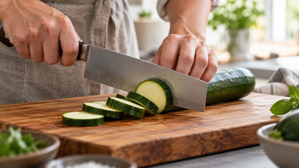 Couteau nakiri en situation, en gros plan