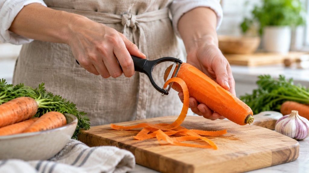 Éplucheur légumes en situation, en gros plan