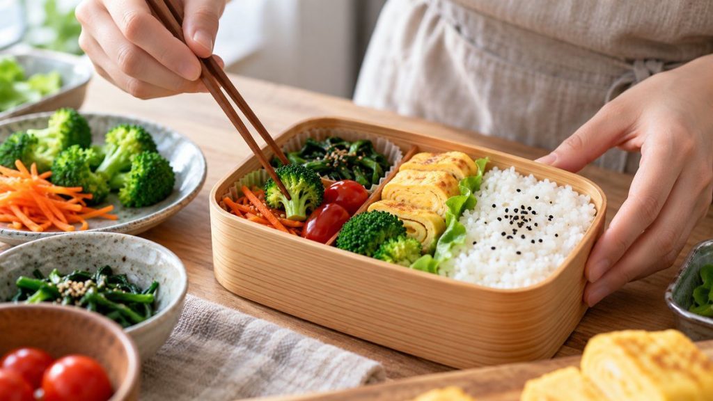 Boîte bento en situation, en gros plan