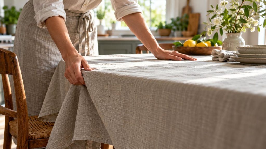 Nappe de table en situation, en gros plan