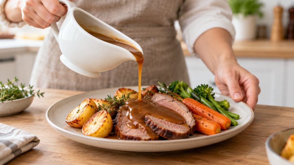 Saucière en situation, en gros plan