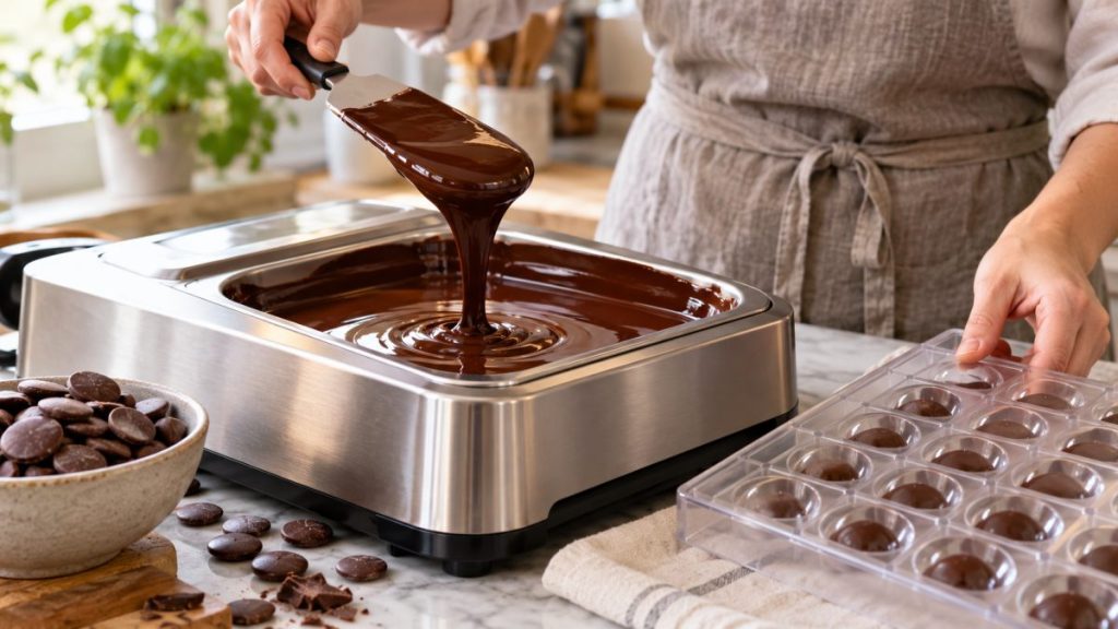 Tempéreuse à chocolat en situation, en gros plan