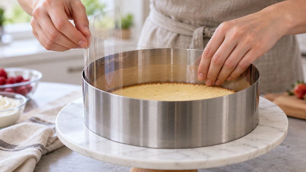 Cercle à entremets en situation, en gros plan