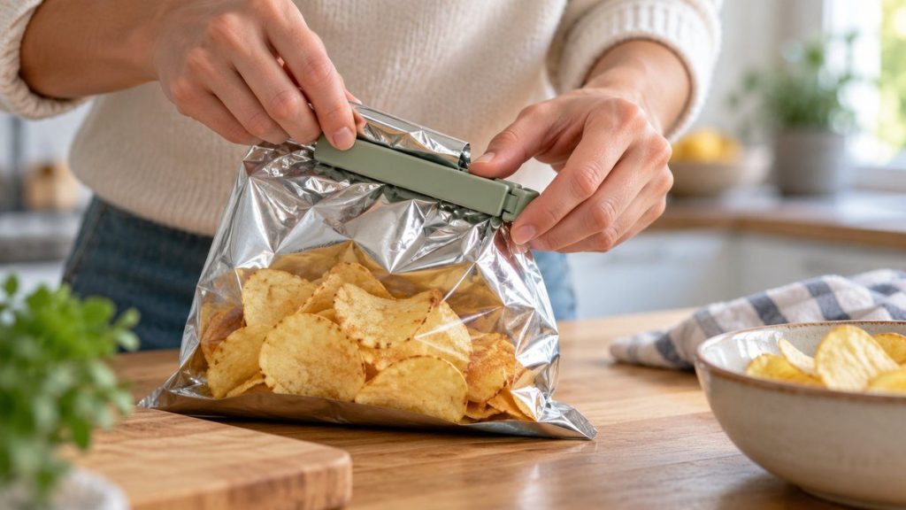 Pince fermeture sachet en situation, en gros plan