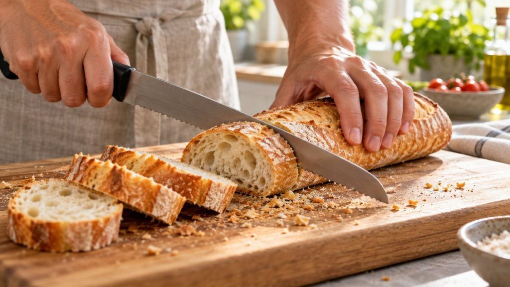 Couteau à pain en situation, en gros plan