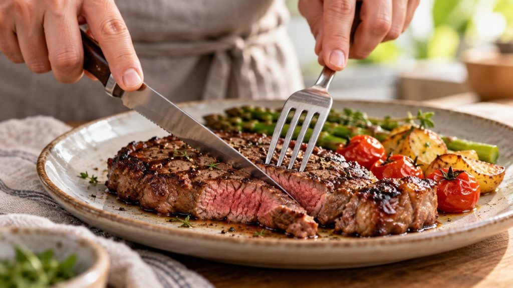Couteau à steak en situation, en gros plan