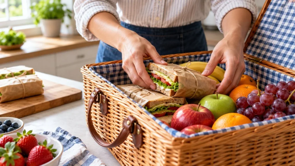 Panier pique-nique en situation, en gros plan