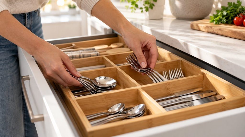 Range couverts en situation, en gros plan