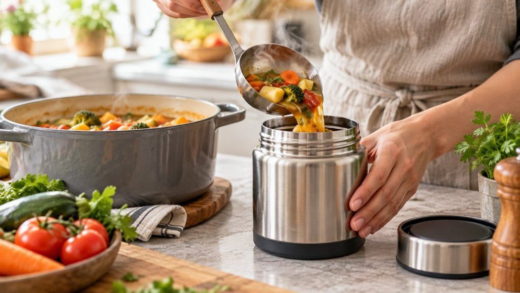 Thermos alimentaire repas en situation, en gros plan