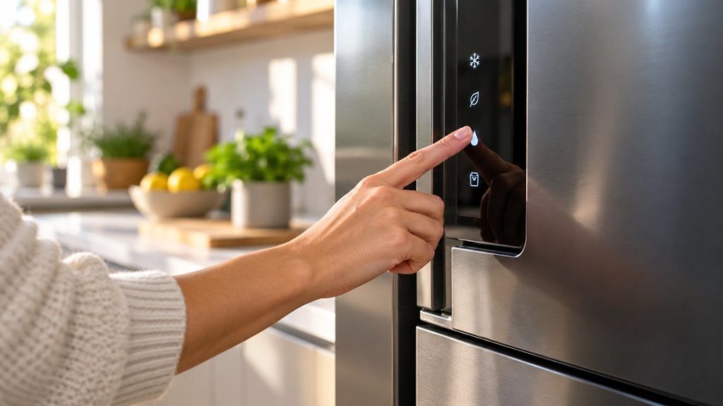 Réinitialiser un réfrigérateur Samsung en situation, en gros plan