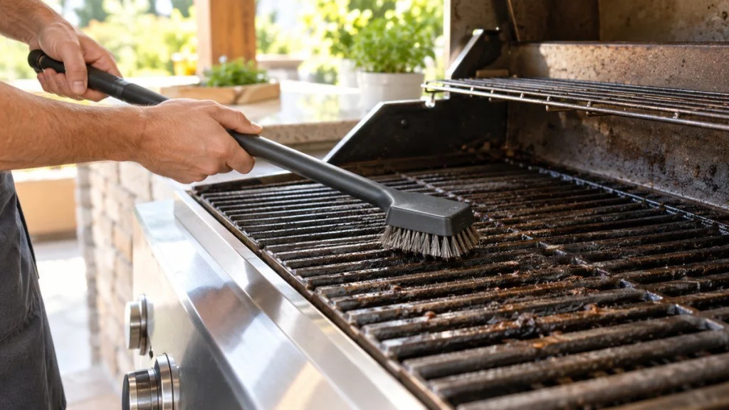 Brosse nettoyage barbecue en situation, en gros plan