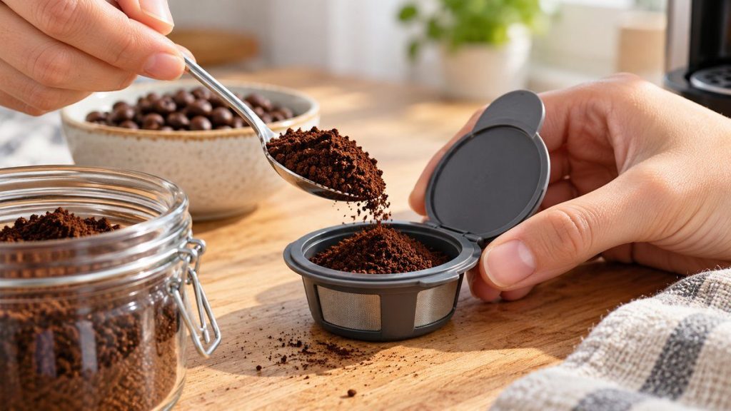 Capsules réutilisables Tassimo en situation, en gros plan