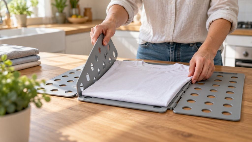Planche à plier le linge en situation, en gros plan
