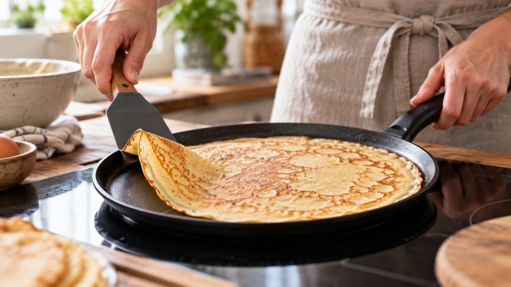 Poêle à crêpes en situation, en gros plan