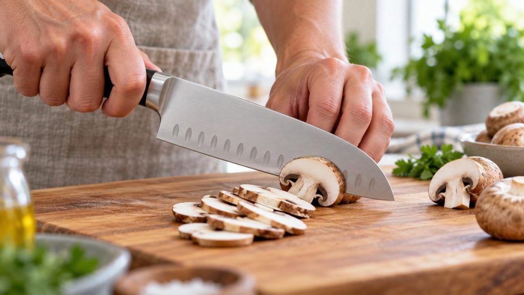 Couteau santoku en situation, en gros plan