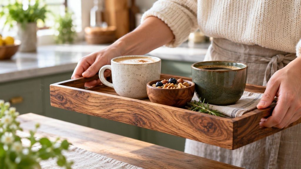 Plateau de service en bois en situation, en gros plan