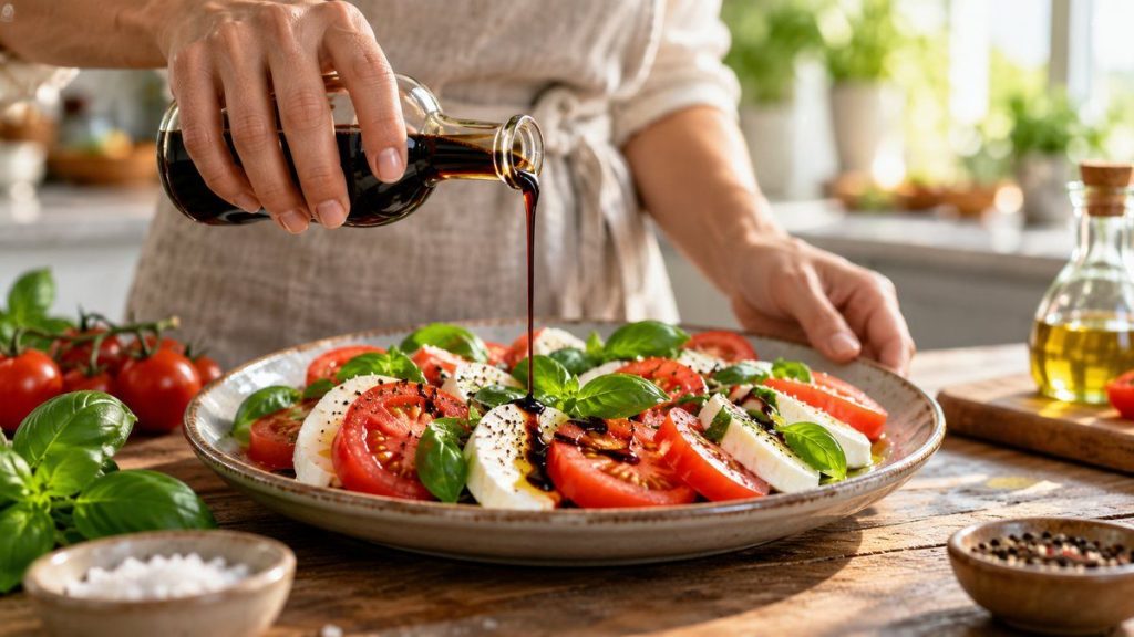 Vinaigre balsamique en situation, en gros plan