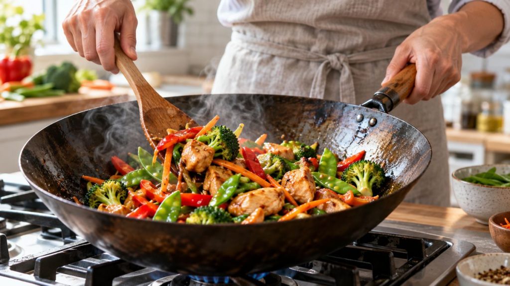 Wok en situation, en gros plan