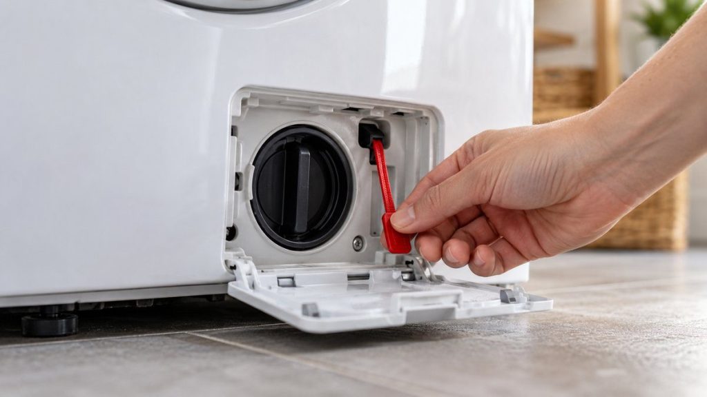 Débloquer la porte d'un lave-linge en situation, en gros plan