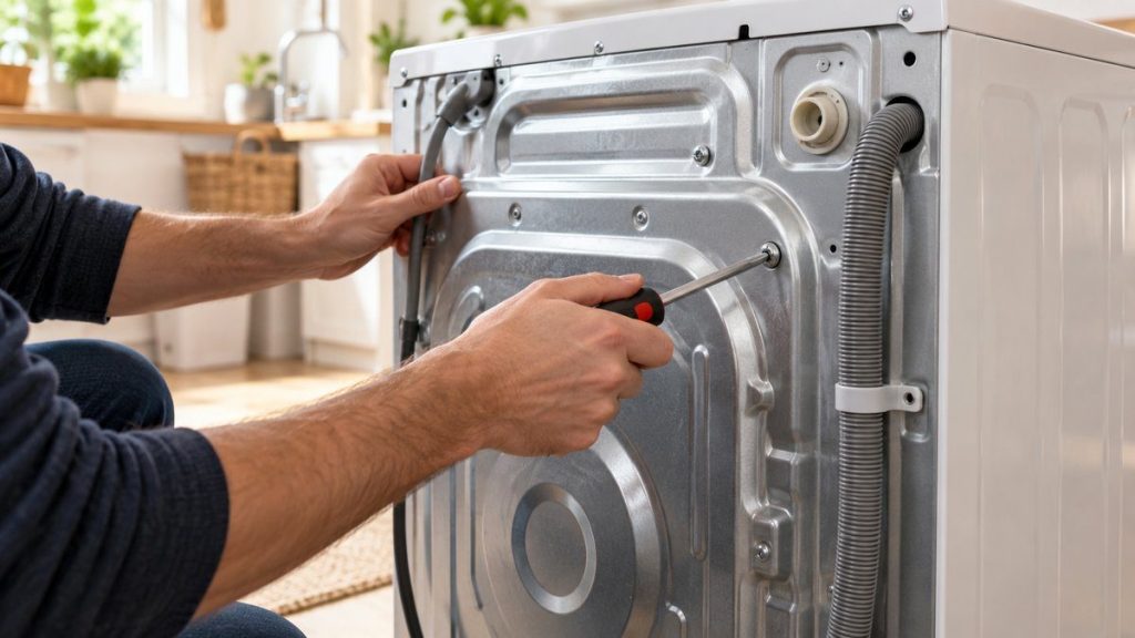 Démonter un lave-linge en situation, en gros plan