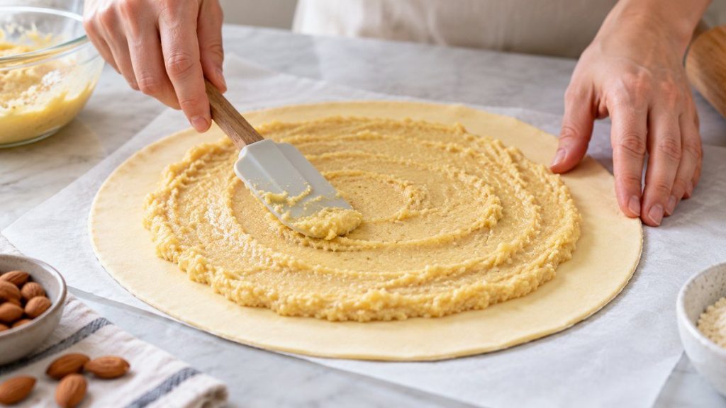 Galette des rois à la frangipane en situation, en gros plan