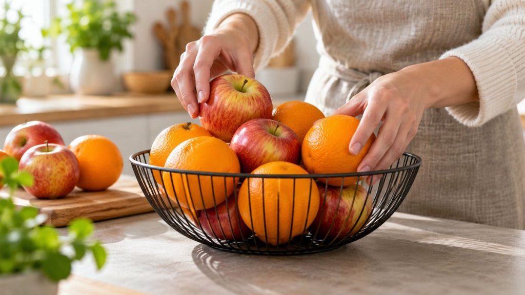 Corbeille à fruits en situation, en gros plan