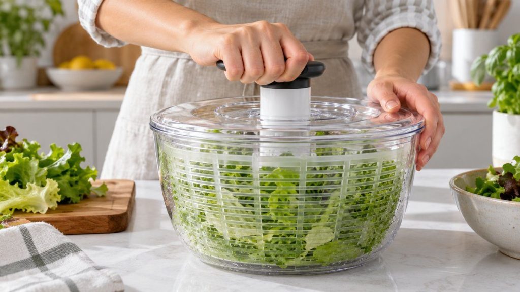 Essoreuse à salade en situation, en gros plan