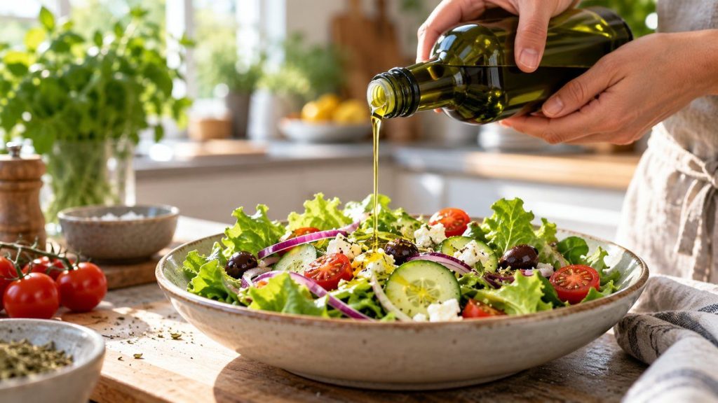 Huile d'olive vierge extra en situation, en gros plan