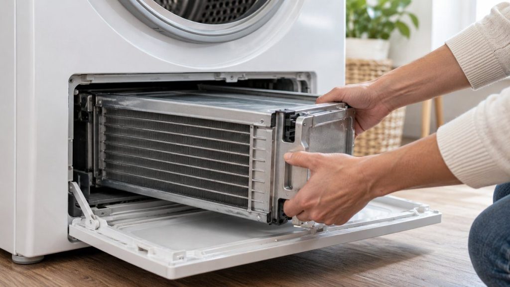Nettoyer le condenseur d'un sèche-linge en situation, en gros plan