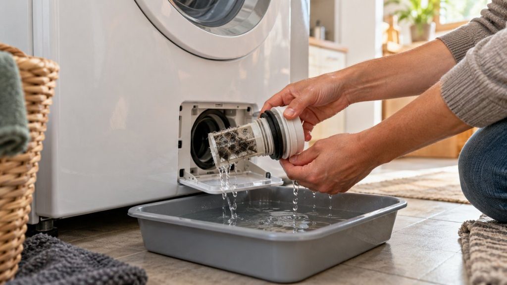 Nettoyer le filtre de lave-linge en situation, en gros plan