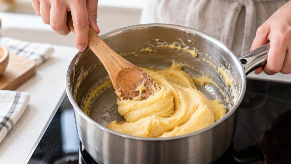 Pâte à choux en situation, en gros plan